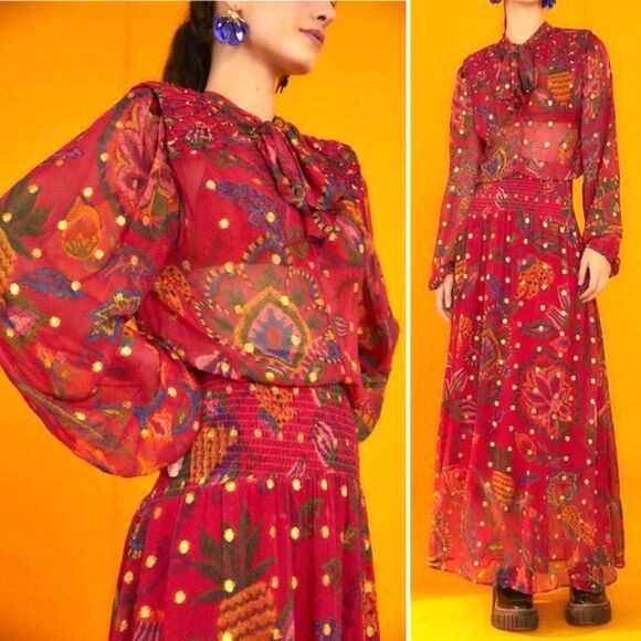 NWT Farm Rio Sunset Tapestry Floral Long Sleeve Boho Maxi Dress Warm Red Size XS - Picture 1 of 16